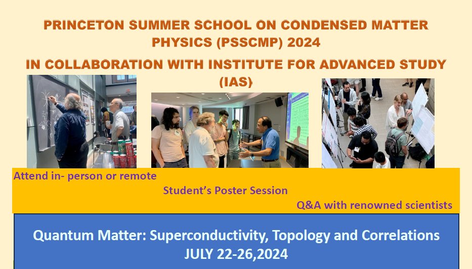 Join us in-person or live-stream!
The Princeton Summer School on Condensed Matter Physics with the Institute for Advanced Study:
Quantum Matter: Superconductivity, Topology and Correlations
July 22-26, 2024
ow.ly/ZZmf50RPh6u
#PrincetonU