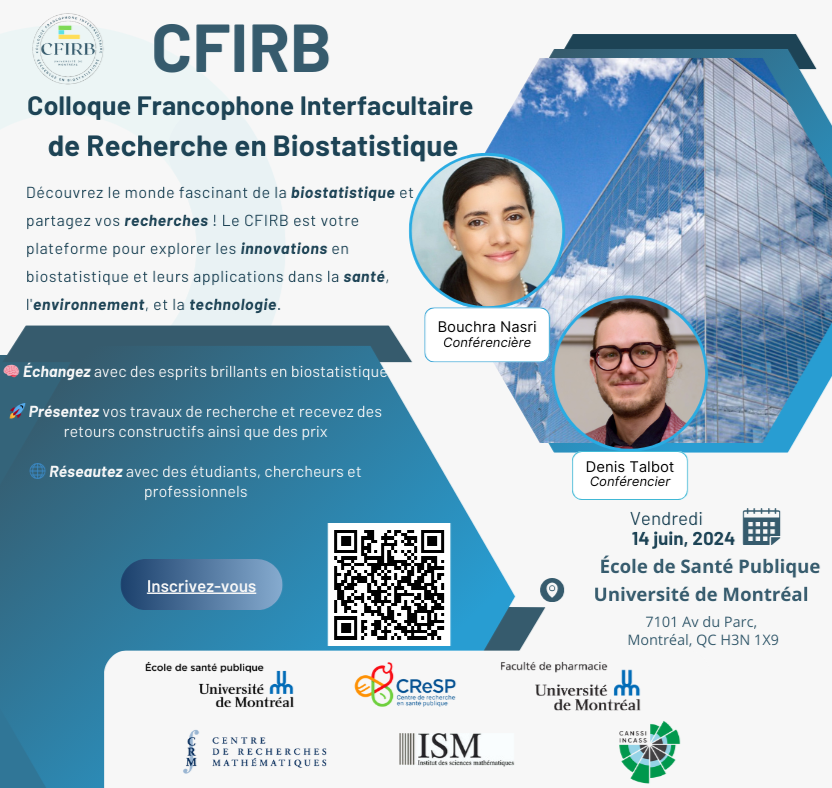 #Biostatistique | 📊En partenariat avec le Centre de recherche en santé publique et le Centre de recherches mathématiques, le 1er Colloque francophone interfacultaire de recherche en biostatistique se tiendra le 14 juin à l’Agora de l’ESPUM. 
<a href="/cresp_sante/">CReSP - Centre de recherche en santé publique</a> <a href="/CRM_Montreal/">Centre de recherches mathématiques (CRM)</a>