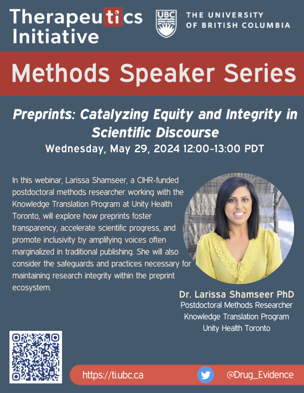 Therapeutics Initiative (@drug_evidence) on Twitter photo 🎺Our May 29th #ResearchMethods webinar considers the impact of Preprints 📰
🎙️Speaker: Dr. Larissa Shamseer <a href="/LarissaShamseer/">Dr Larissa Shamseer (she/her)</a>
🖱️Registration: ti.ubc.ca/preprints/
#researchmethods #preprints #publishing 🎺Our May 29th #ResearchMethods webinar considers the impact of Preprints 📰
🎙️Speaker: Dr. Larissa Shamseer <a href="/LarissaShamseer/">Dr Larissa Shamseer (she/her)</a>
🖱️Registration: ti.ubc.ca/preprints/
#researchmethods #preprints #publishing