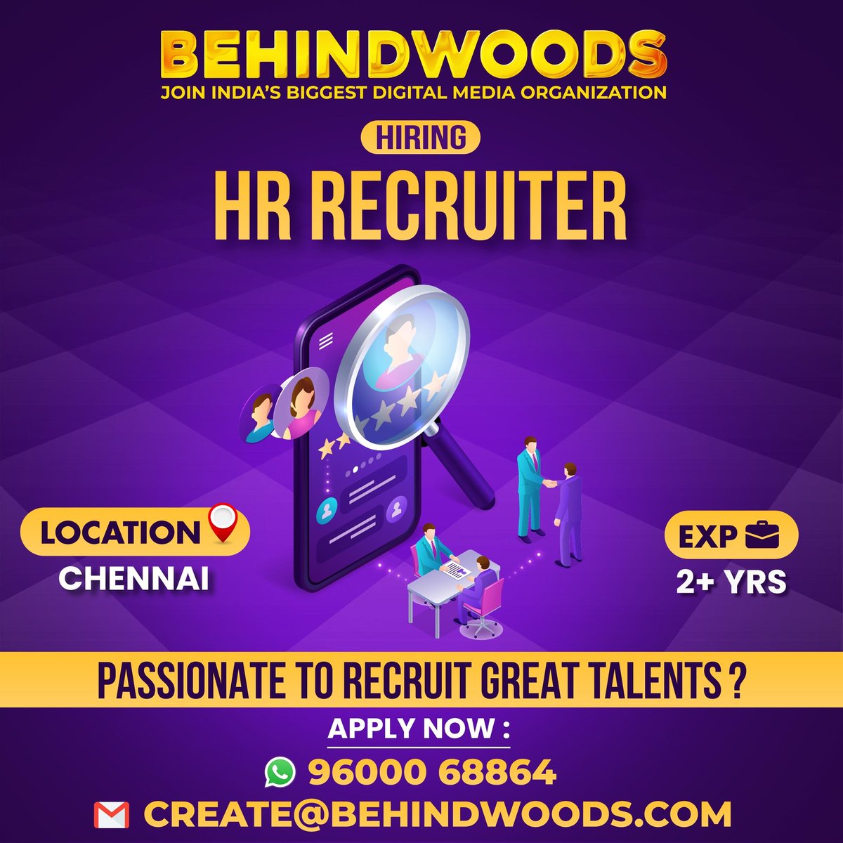 Join India's Biggest Digital Media Organization Hiring for HR RECRUITER Location : Chennai If interested, kindly E-mail your resume to create@behindwooods.com (or) WhatsApp your resume to 9600068864 #behindwoods #behindwoodsjobs