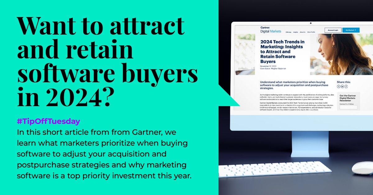 Gartner's 2024 Tech Trends 📊 Essential for Digital Marketing leaders:
- Top investments: IT security &amp; marketing software.
- Over 60% marketers regret their recent software picks.
- Finding new customers is a top challenge.

Learn more - gartner.com/en/digital-mar… #MarketingTrends