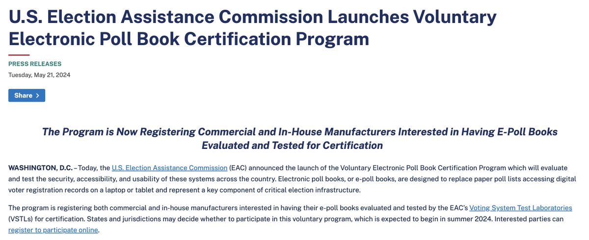 Following a successful pilot, @EACgov announces formal launch of voluntary e-poll book testing program. Interested manufacturers of these polling-place check-in devices can register for testing by federally accredited labs beginning this summer. eac.gov/news/2024/05/2…