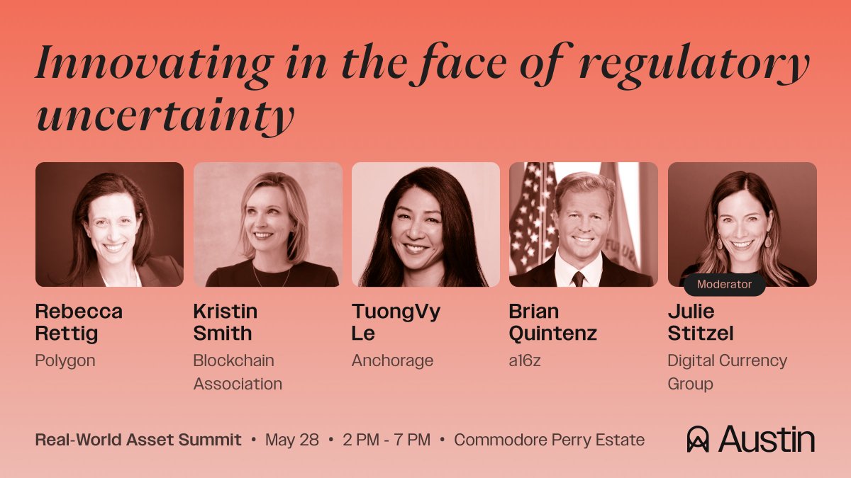 @Anchorage Digital General Counsel, @TuongvyLe12 will be speaking at the @rwasummit, as part of the panel “Innovating in the face of regulatory uncertainty” on Tuesday, May 28 at 4:40 pm CST. If you’re attending the RWA Summit in Austin, don’t miss it! Check out the agenda ⬇️: