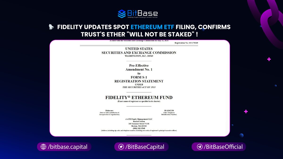 Fidelity Clarifies Ethereum ETF: No Staking of Ether 🚨 JUST IN: Fidelity updates its spot Ethereum ETF filing, confirming that the trust's Ether 'will not be staked.' This move clarifies their position amid growing interest in Ethereum ETFs and staking. Stay tuned for more