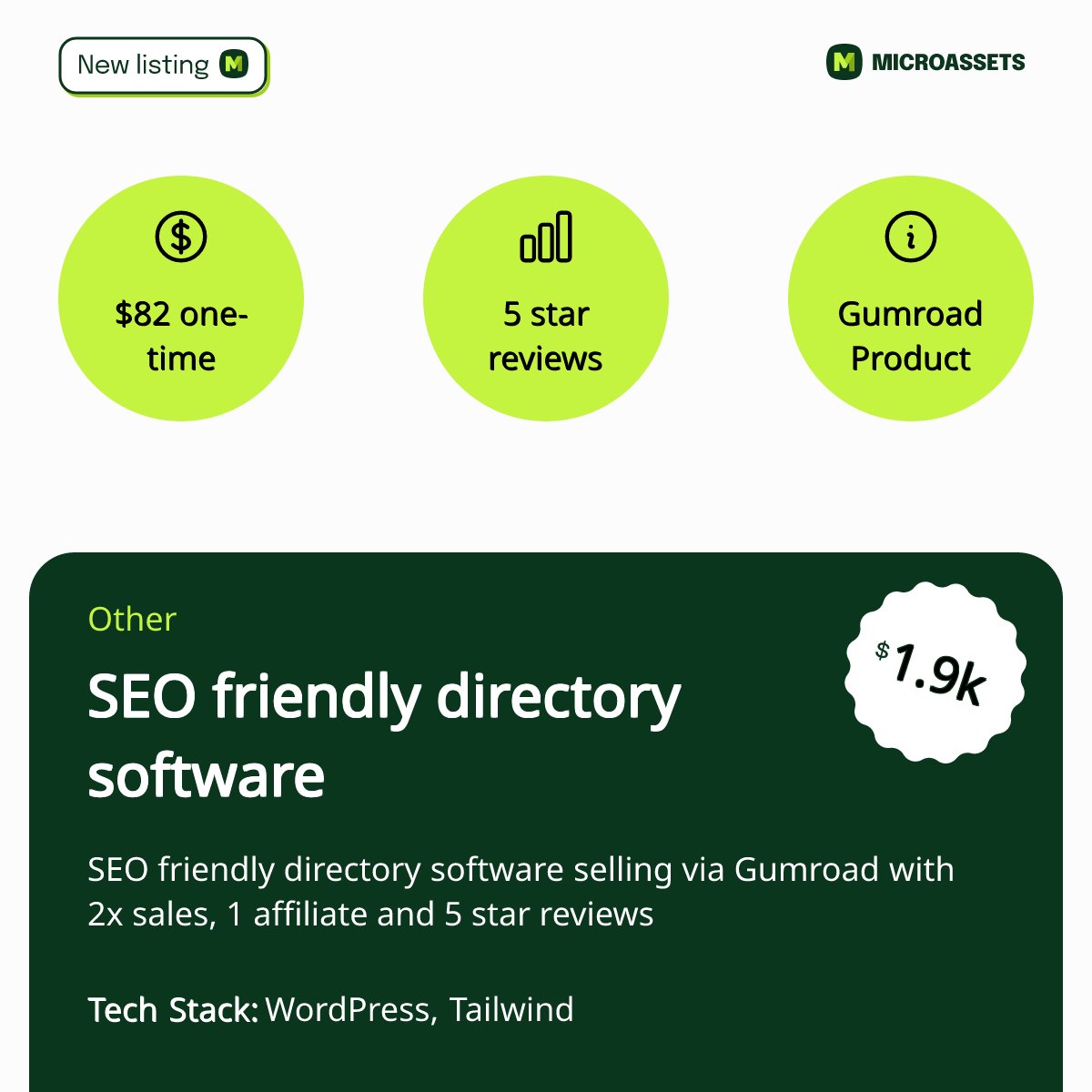 🔥 New Listing 🔥 SEO friendly directory software selling via Gumroad with 2x sales, 1 affiliate and 5 star reviews ASKING PRICE: $1.9k REVENUE: $82 app.microassets.co/posts/mSBMBw0J…