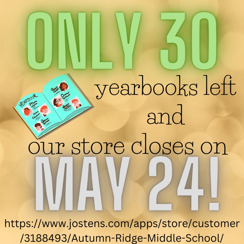 Don't miss out! Only 30 yearbooks left! Come get them before they are all gone. The deadline is May 24. Please see Ms. Cox for details @ARMSYearbook !!!