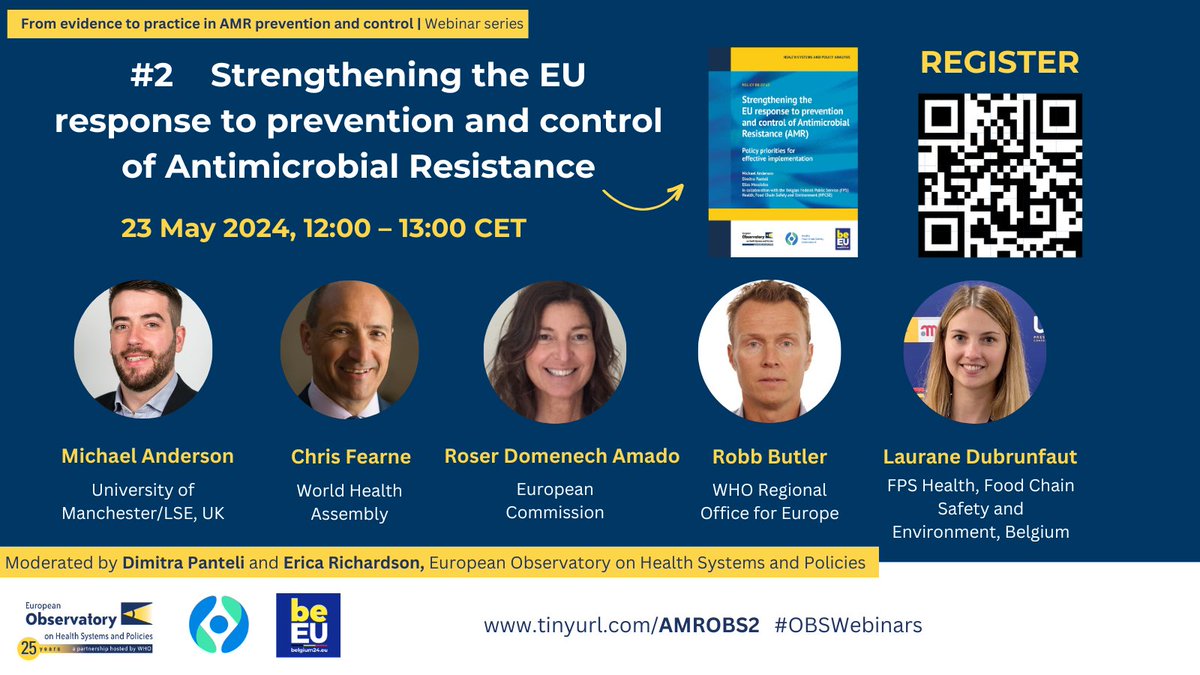 #AMRControl 💊 Antimicrobial resistance is a major global public health challenge. How can the EU 🇪🇺 strengthen its response to #AMR? Join us to find out #OBSWebinars ⤵️ 📆 Thursday 23 May, 12:00 CET 👉 Register: eurohealthobservatory.who.int/news-room/even… 📘Download: eurohealthobservatory.who.int/publications/i…