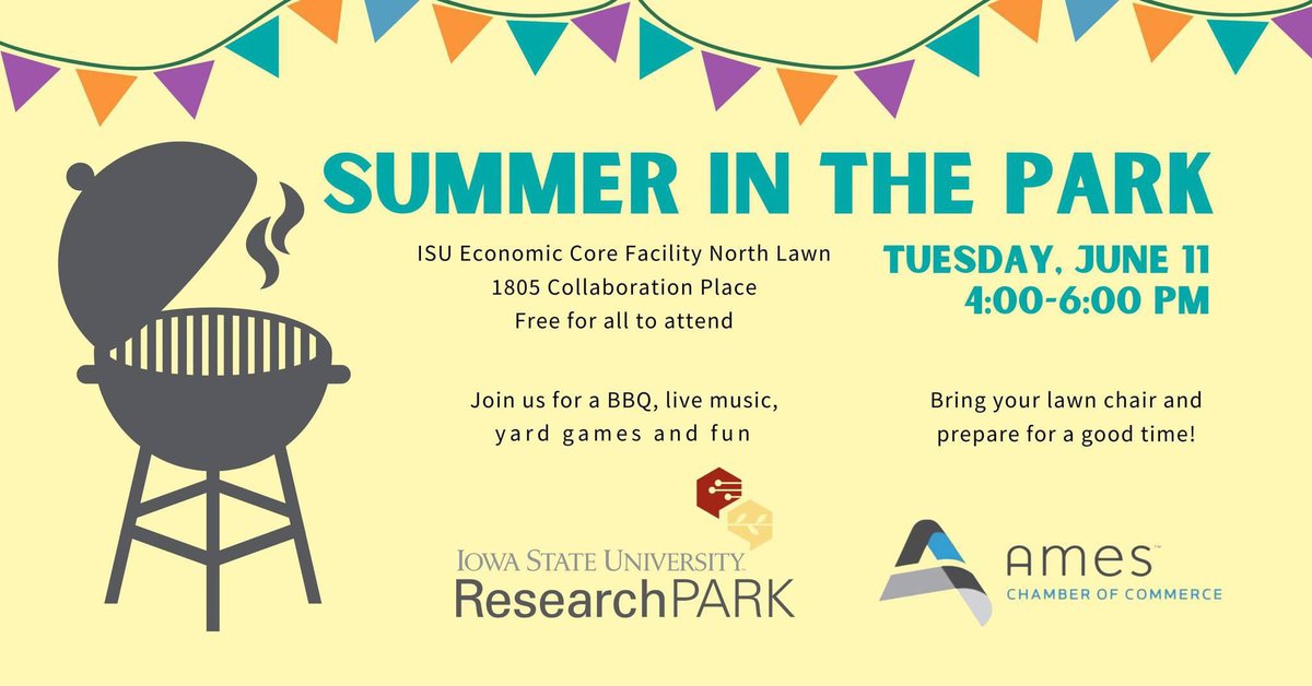 We are looking forward to the Iowa State University Research Park and Ames Chamber of Commerce joint event on Tuesday, June 11! Join us at the Economic Core Facility in the Research Park from 4-6 pm for a fun night with BBQ, live music, and games! The event is free to attend.