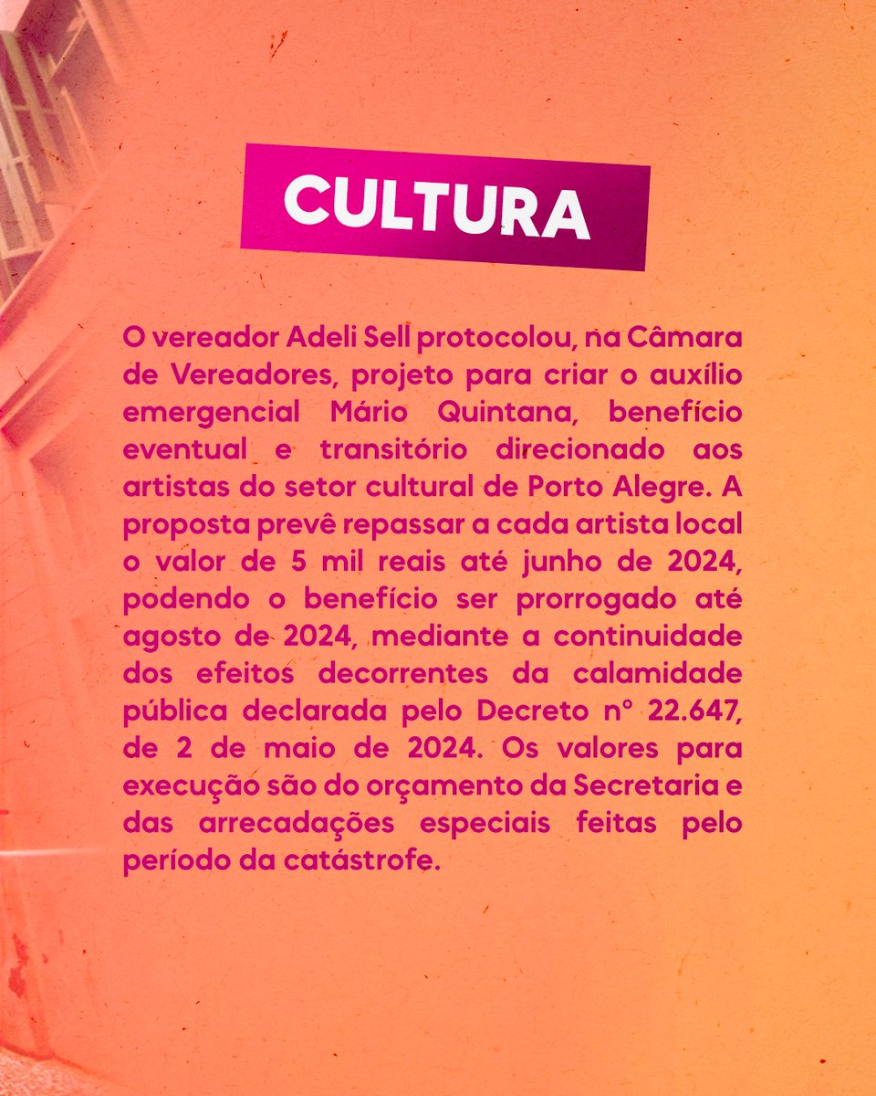AdeliSell's tweet photo. Devido à enchente que assolou POA, propus na Câmara Municipal o auxílio emergencial Mário Quintana, um benefício eventual e transitório destinado aos artistas do setor cultural de Porto Alegre no valor de 5 mil reais até junho de 2024, com possibilidade de prorrogação até agosto https://t.co/q1EafqTjp2