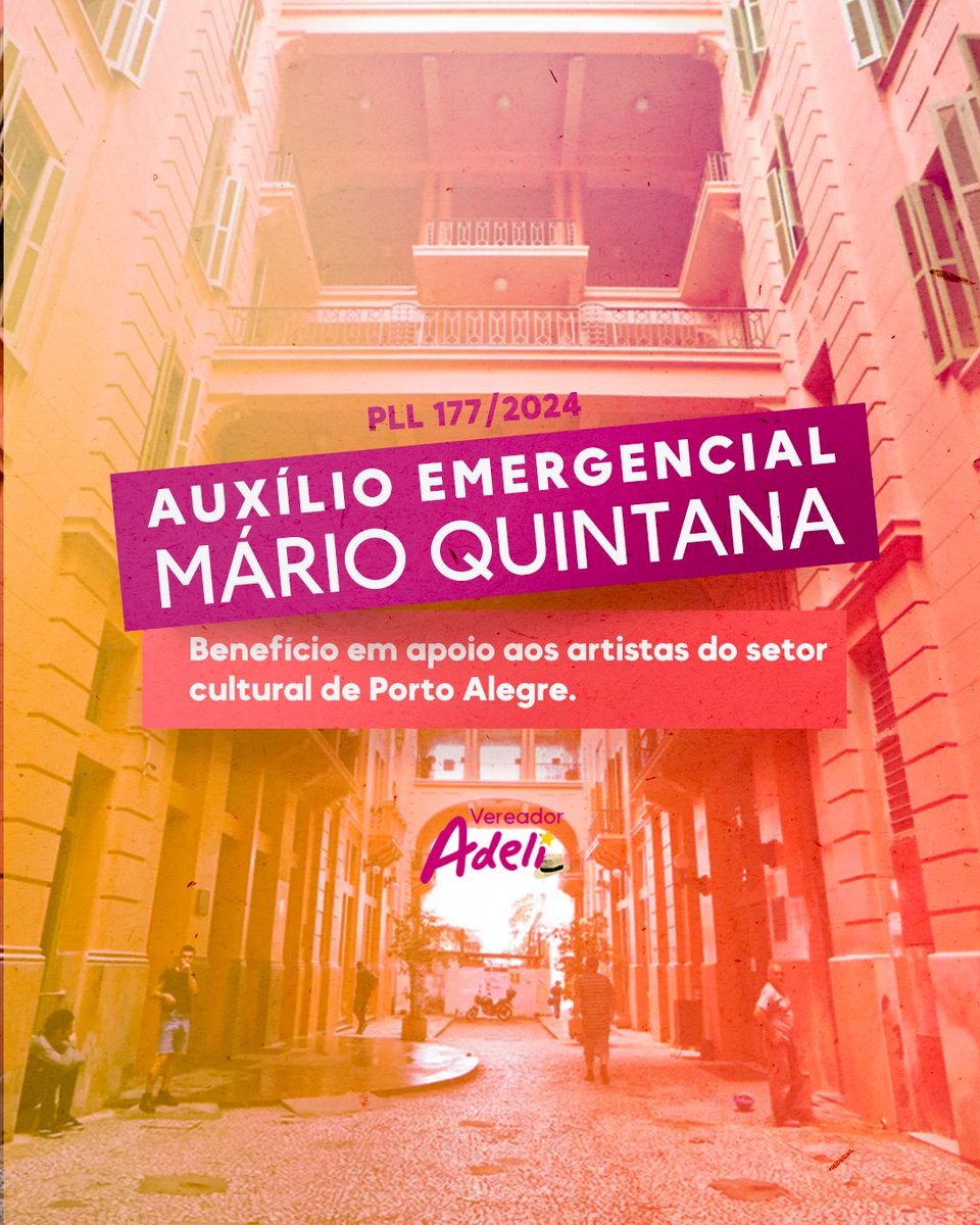 AdeliSell's tweet photo. Devido à enchente que assolou POA, propus na Câmara Municipal o auxílio emergencial Mário Quintana, um benefício eventual e transitório destinado aos artistas do setor cultural de Porto Alegre no valor de 5 mil reais até junho de 2024, com possibilidade de prorrogação até agosto https://t.co/q1EafqTjp2