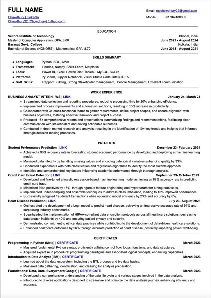 Tulsi Soni (@shedntcare_) on Twitter photo This Resume has an ATS score of more than 93
I have personally used this single-column resume in my job hunting and got amazing results
I am sharing the exact editable template for this
To get it:
1. Follow me <a href="/shedntcare_/">Tulsi Soni</a>
2. Like & Repost
3. Reply "Resume"
#Resume This Resume has an ATS score of more than 93
I have personally used this single-column resume in my job hunting and got amazing results
I am sharing the exact editable template for this
To get it:
1. Follow me <a href="/shedntcare_/">Tulsi Soni</a>
2. Like & Repost
3. Reply "Resume"
#Resume