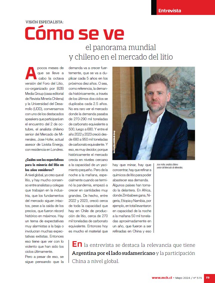 j_m_hofer's tweet photo. Profoundly grateful for this interview with @mineriachilena about the Chilean #lithium landscape and how to attract investment in the space at higher pace.
Check for more content at @insights_sc, @andyleyland1 @DerrickSCI
#LIB #LIBsupplychain #litio #litioenChile #mining https://t.co/B9ZC1YaXAe