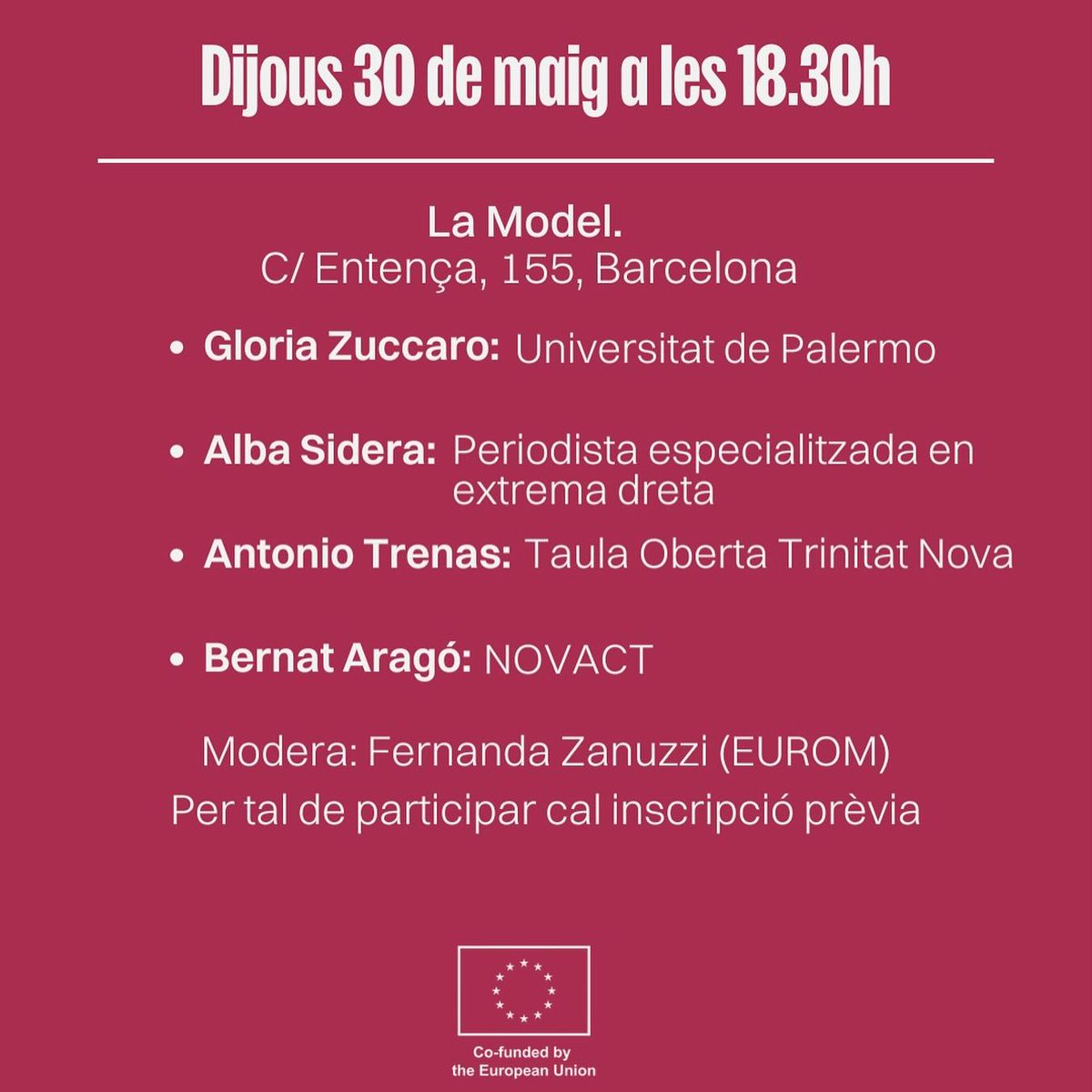 🗳️El suport a l’#extremadreta segueix pujant @novact__ i @euromemories organitzen la taula rodona 'Memòria i present de l’extrema dreta a Itàlia i Espanya' 📆Dijous 30 maig, 18:30📍La Model Amb @albasidera, Gloria Zuccaro, @berberinat, Antonio Trenas ✍️forms.office.com/e/D2uxs3wEeY?o…