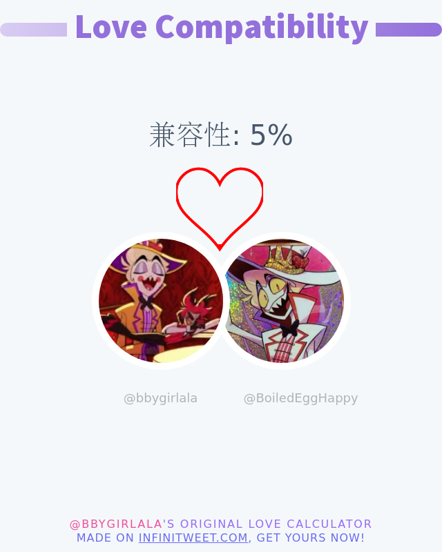 我与 @BoiledEggHappy 的爱兼容性为 5%

➡️ infinitytweet.me/love-calculato…