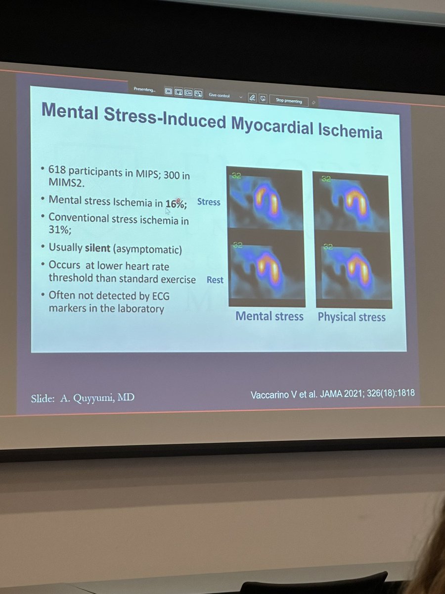 Superb @SmidtHeart grand round rounds by Dr Puja Mehta @PujaKMehtaMD1 ! Mental stress a critical player in heart disease with important sex differences to consider. @DrMarthaGulati @EugenioCingolan @Baireymerz