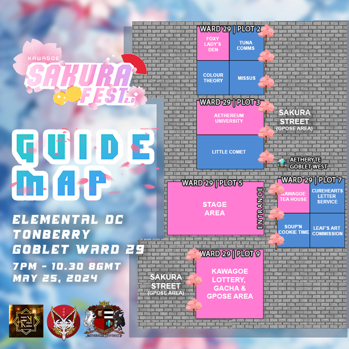 kawagoeFFXIV's tweet photo. Unveiling the map of this Sakura Fest V2.0 for a delightful experience! Ensure to swing by your beloved booths and brighten their day✨ 
Check carrd.
🌸https://t.co/yJ4Tj1nKn5

#FFXIVRP #ElementalIDC #kawagoeFFXIV #AethereumXIV #FoxyLadysDen https://t.co/6QrrOJIYYa
