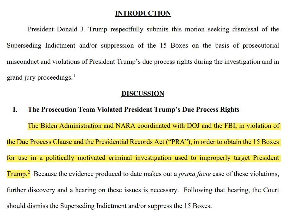 NEW: Trump's latest motion to dismiss classified docs case just hit the docket. Trump accuses Jack Smith of prosecutorial abuse and denial of due process. Trump again accuses Biden White House of colluding with National Archives to concoct the case: