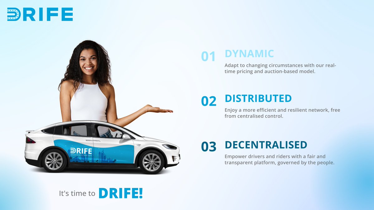 Revolutionize your ride with DRIFE!

🚘 Dynamic pricing, efficient network, and a fair, community-driven platform. DRIFE into the future today!