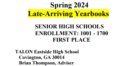 EHS_Talon's tweet photo. @EHS_Eagles Congrats to the 2023 #bestyearbookinncss staff led by Lydia Lee and Autumn Hunter for capturing a 1st place ASPA award for the 2023 yearbook, "Iconic." https://t.co/U1Vyyitefe