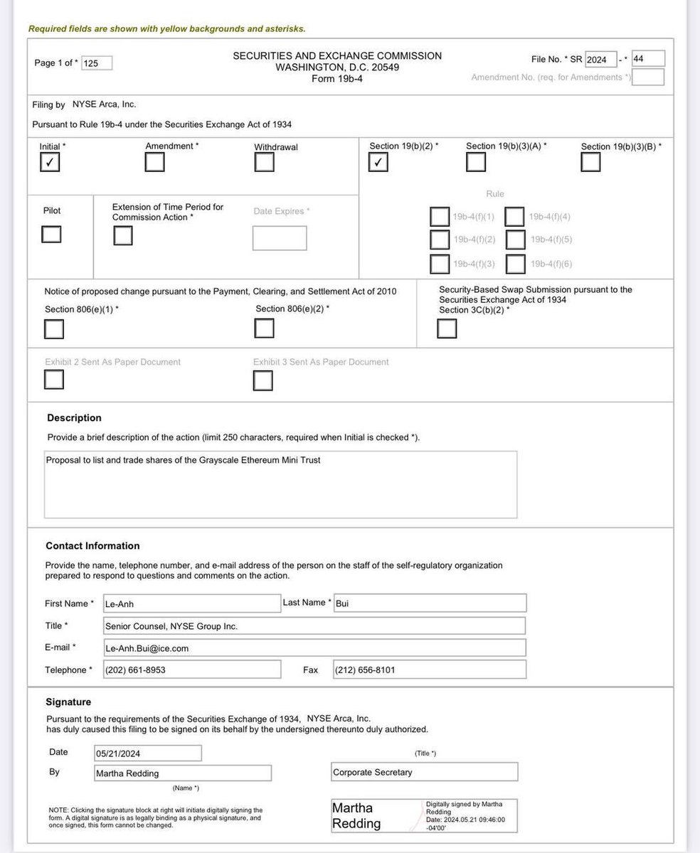 🚨 BREAKING NEWS 🚨 Grayscale has just submitted an updated 19B-4 form for their Ethereum Mini Trust. An ETH spot ETF is on the horizon! 🔥 Could this signal a new all-time high for $BTC? Stay tuned!