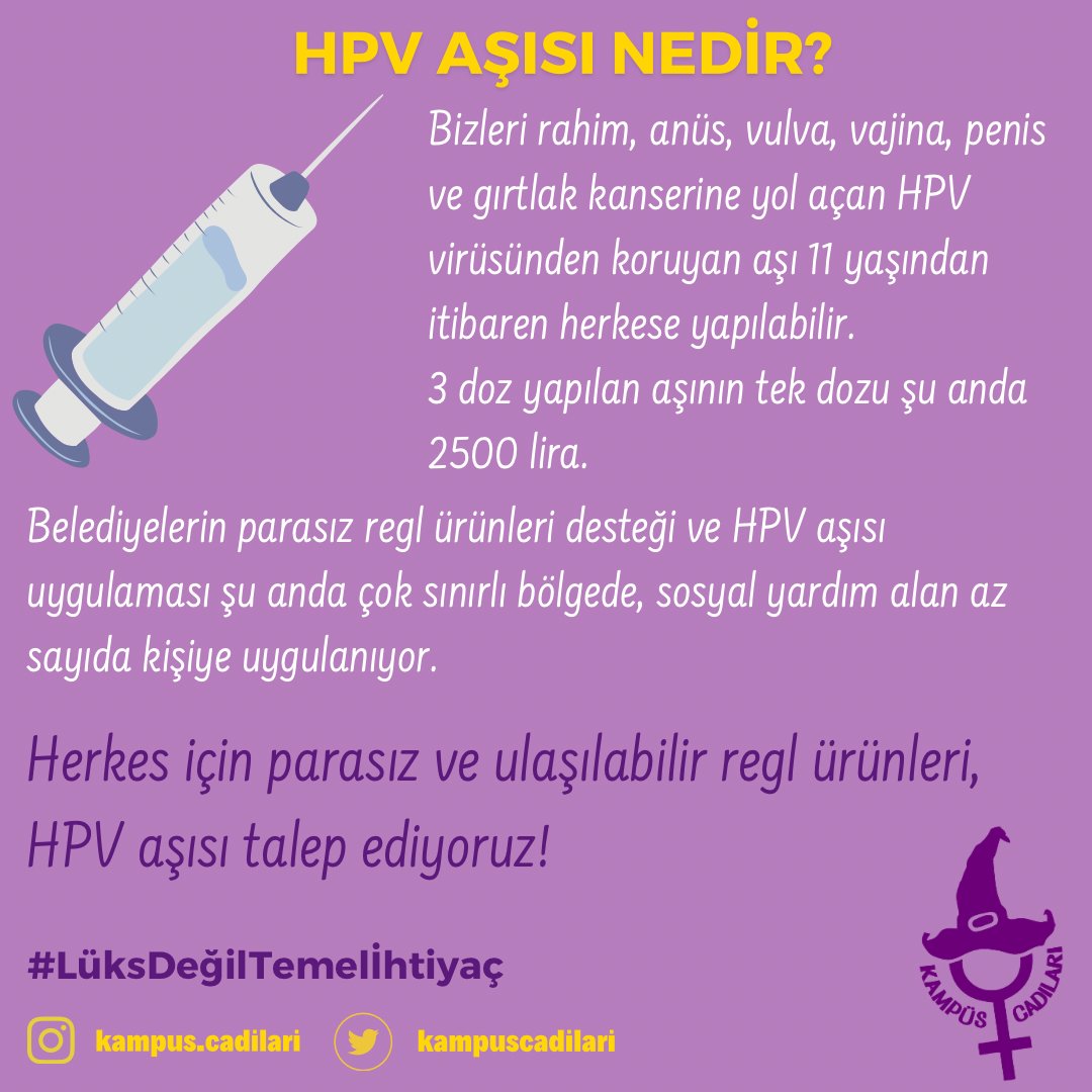 REGL ÜRÜNLERİNE VE HPV AŞISINA PARASIZ ULAŞIM TEMEL HAKTIR! Üniversiteli genç kadınlar olarak regl ürünlerinin, HPV aşısının parasız ve herkes için ulaşılabilir olmasını talep ediyoruz. Bunun için yola çıkıyoruz! Sen de aramıza katıl!💜 docs.google.com/forms/d/e/1FAI…