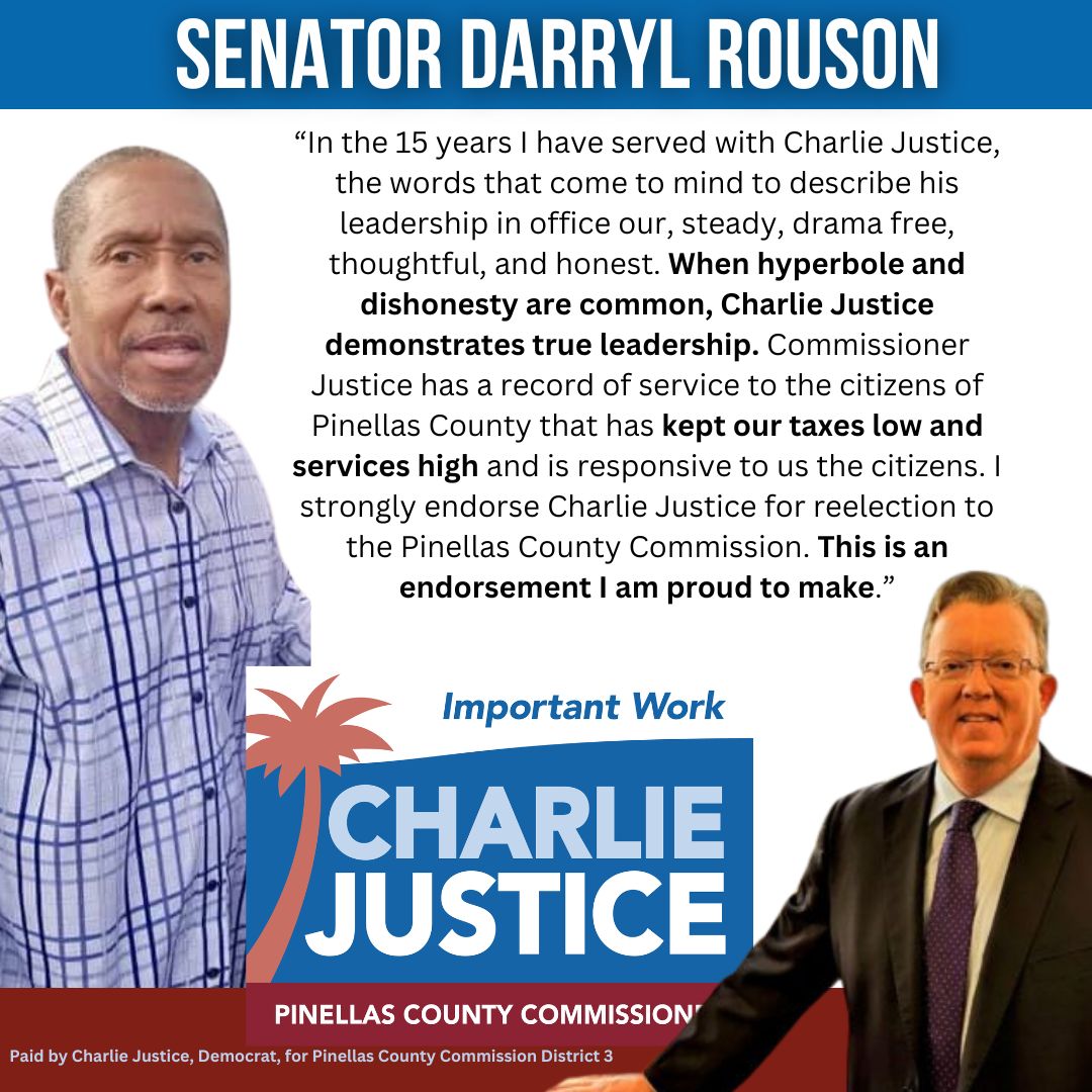 Thank you @darrylrouson for your strong endorsement. I look forward to partnering with you to continue the #ImportantWork for Pinellas.