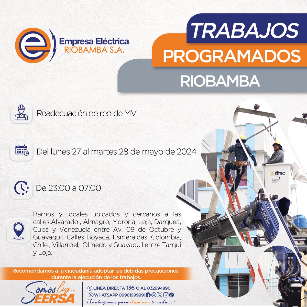 📌ATENCIÓN | Comunicamos los trabajos emergentes que realizará la Empresa Eléctrica Riobamba S.A. del 27 al 28 de mayo en #Riobamba.