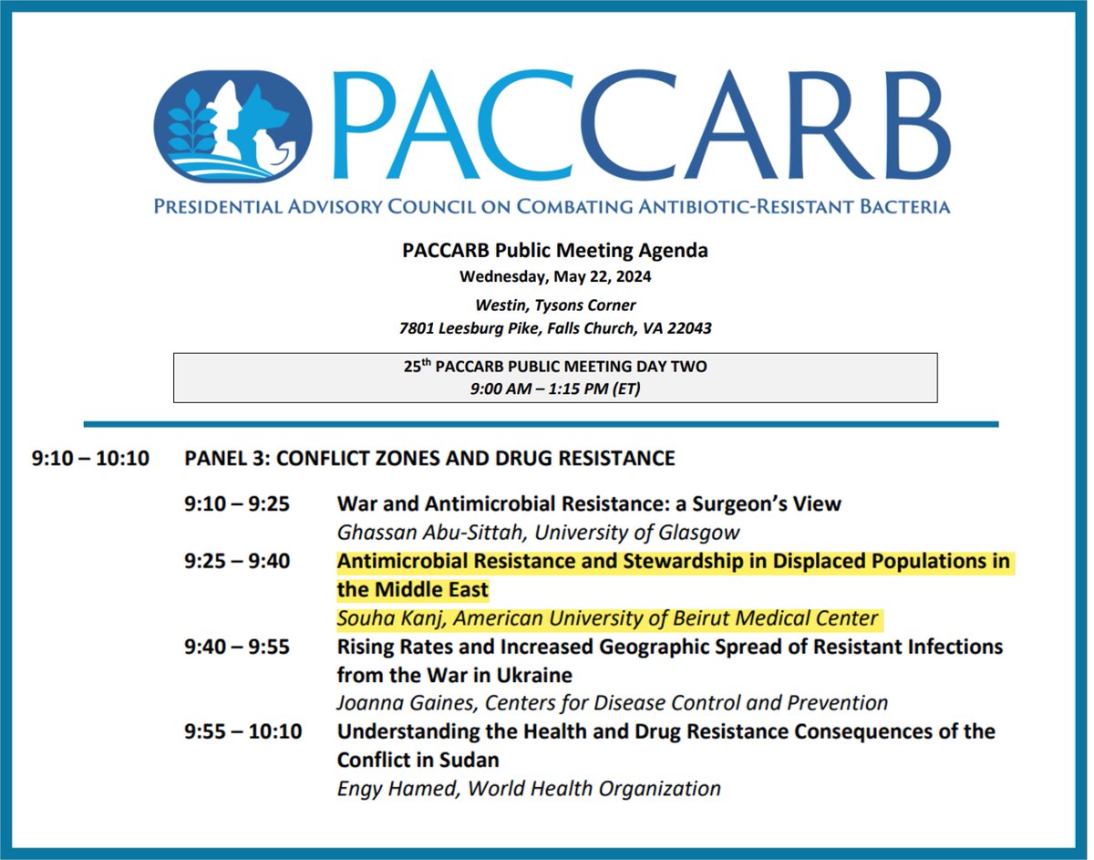 🌟 25th Presidential Advisory Council on Combating Antibiotic-Resistant Bacteria meeting🌟 ISAC President Elect, Prof. Souha Kanj will present at tomorrow's high-level PACCARB meeting The meeting is open to the public ⬇ tiny.cc/0jn6yz #antimicrobialresistance #PACCARB