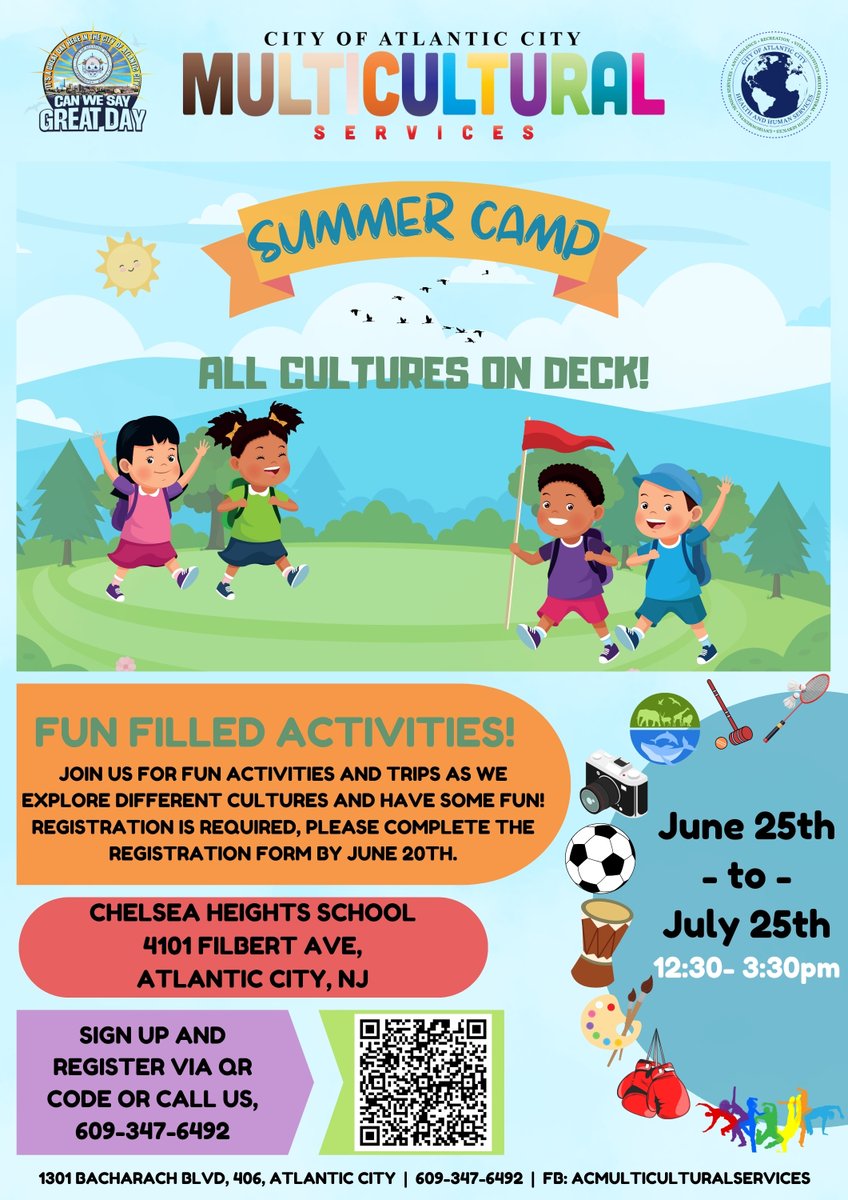 Sign up now for City of Atlantic City Multicultural Services Summer Camp, where campers will explore different cultures through sports, art and other fun activities ⚽🎭 REGISTER ➡ docs.google.com/forms/d/e/1FAI…