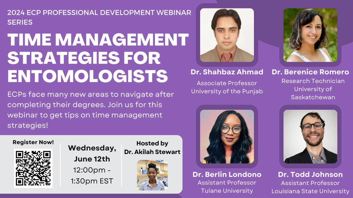 ⏱️ New webinar alert! ⏱️
Join the #EntSocECP committee for the next webinar in our professional development series! We'll be joined by 4⃣ entomologists to discuss time management strategies. Register below!

📅 June 12th, 2024
⏰ 12 - 1:30 PM EST
💻 entsoc.org/events/webinar…