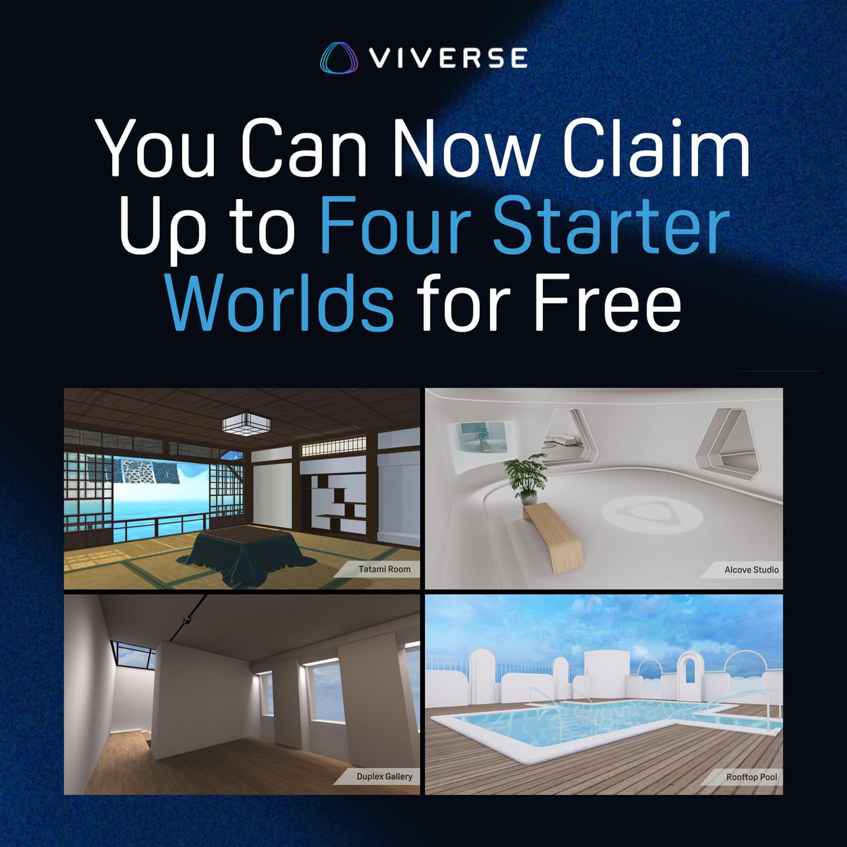 Choose from a variety of starter World styles to perfectly match your vision: htcvive.co/VV4SWX #VirtualWorld #VR #VRChat #TatamiRoom #AlcoveStudio #RooftopPool #DuplexGallery