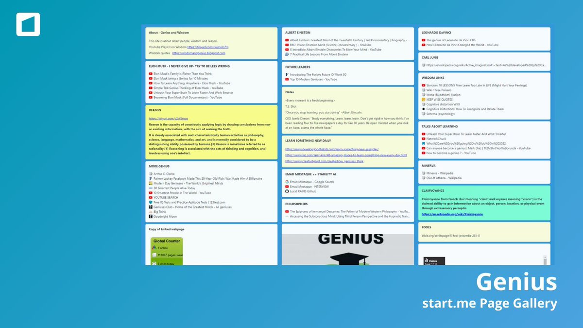 🌟 Learn from the best minds in the world! This page has YouTube videos, quotes, and core concept definitions. Get inspired by visionaries like Elon Musk, Leonardo da Vinci, and Albert Einstein! 🚀📚✨ 👉 start.me/p/6r1DgL/genius #Inspiration #Learning #Visionaries