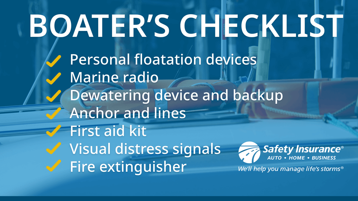 Don’t get caught on the water unprepared! Run through this boater’s checklist before you hit the open ocean. For more information on safe boating, view our brochure: safetyinsurance.com/doclib/resourc… #ManageLifesStorms #NationalSafeBoatingWeek #BoatSafety