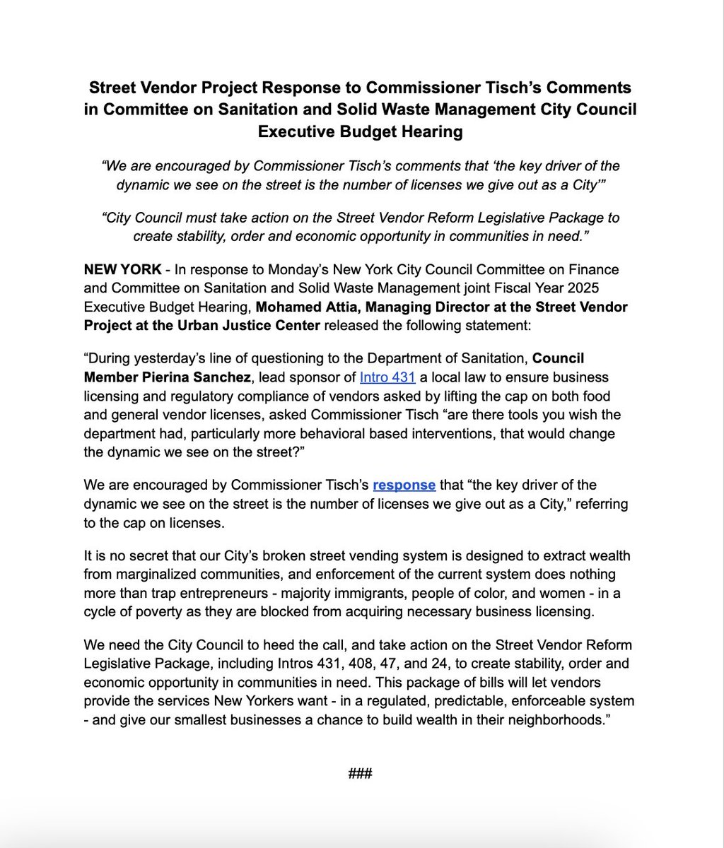 Response from @Mo__Attia: 'We need @NYCCouncil to pass #StreetVendorReform to create stability, order & economic opportunity in communities in need. This package of bills will let vendors provide the services New Yorkers want - in a regulated and enforceable system.'
