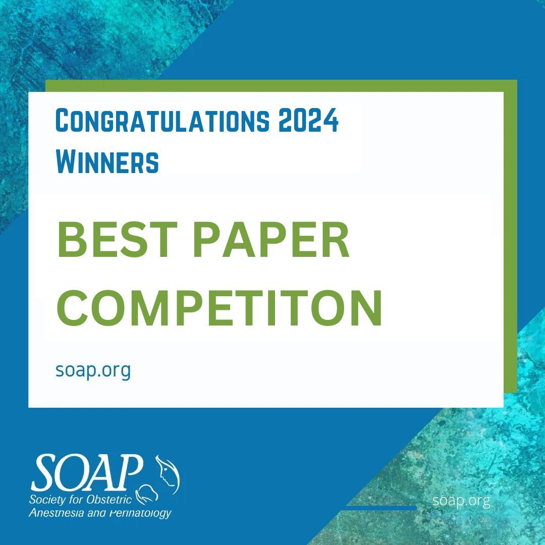 Congratulations to this year's winners of the Best Paper Competition Dr. Jessica Ansari, Stanford University and Dr. Marcell Crowther, Groote Schuur Hospital. buff.ly/3UFFDJU #SOAP #OBAnes