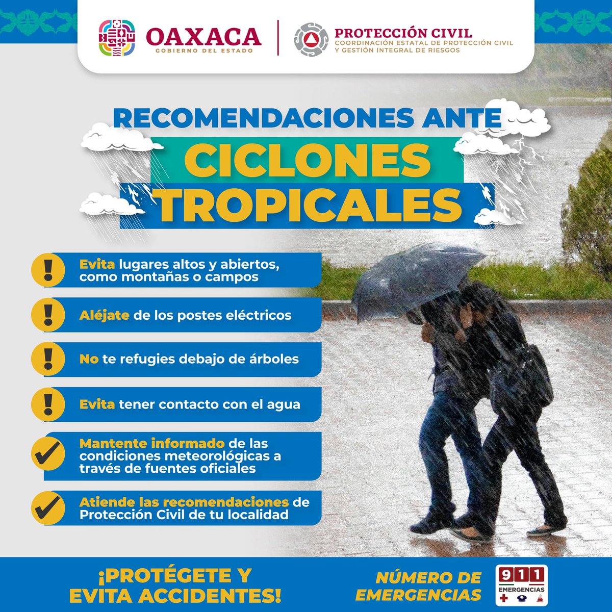 Ya estamos en la Temporada de lluvias y Ciclones Tropicales 2024, por eso, les recordamos atender las recomendaciones de la @CEPCyGR_GobOax. Protejámonos y evitemos accidentes.