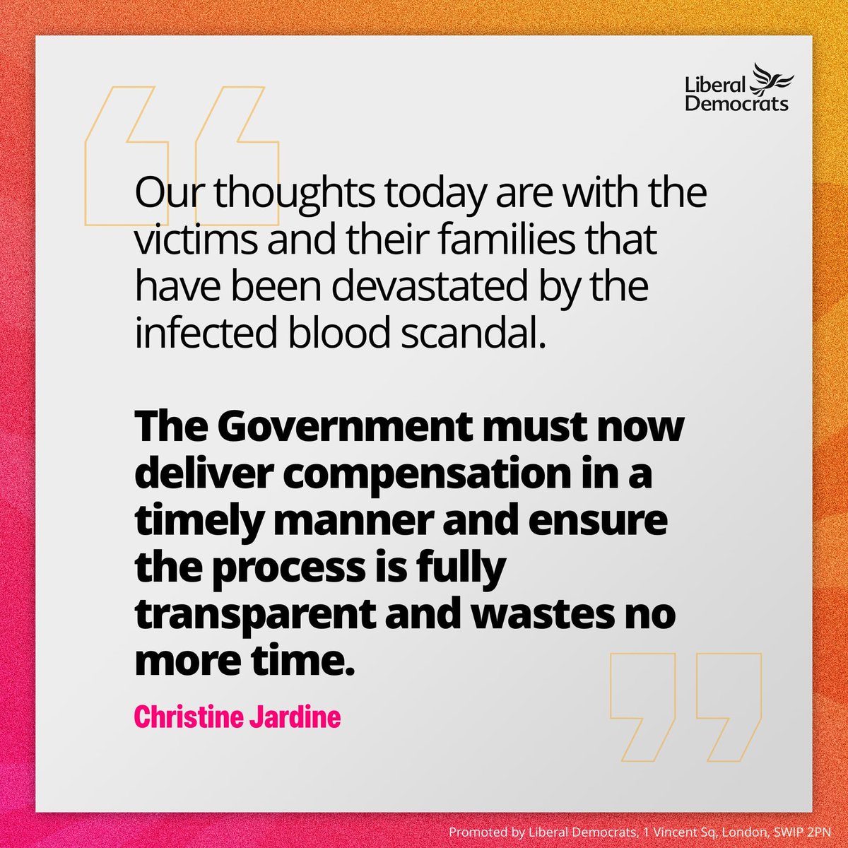 Our thoughts today are with the victims and their families that have been devastated by this scandal. The Government must now deliver compensation in a timely manner and ensure the process is fully transparent and wastes no more time.