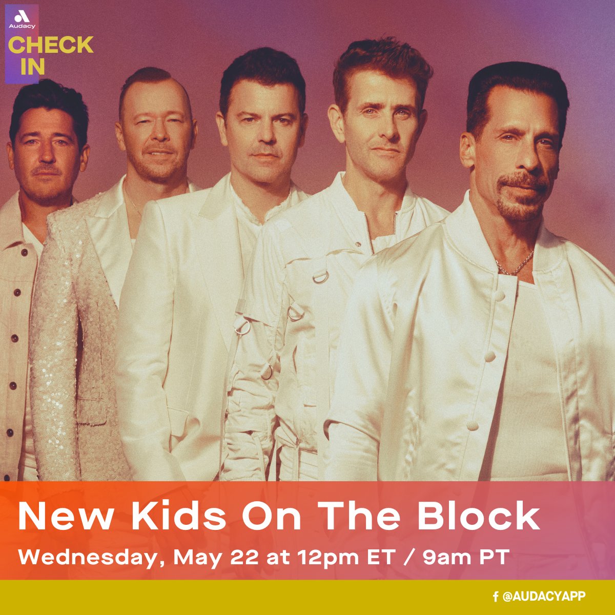 .@NKOTB are swingin' by for an #AudacyCheckIn to talk about their new album 'Still Kids' + more with @mikeadamonair 🎤 Catch it tomorrow, 5/22 at 12 PM ET ↪️ auda.cy/NKOTBCheck