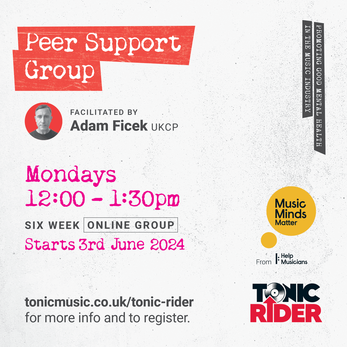 Limited spaces left!

Open to ALL music artists, crew & industry professionals!  

FREE online Peer Support Group - in partnership with @helpmusicians

To register > tonicmusic.co.uk/tonic-rider 

#TonicRider #MusicMindsMatter #MentalHealth #Wellbeing #Music