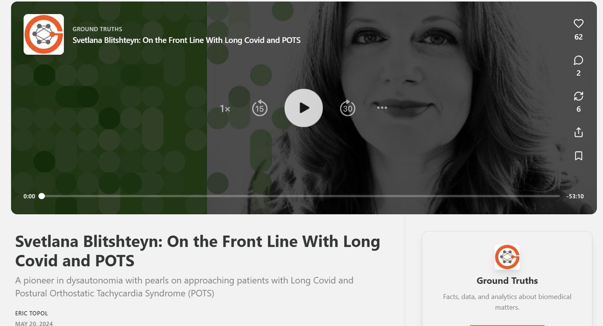 Those interested in: Postural Orthostatic Tachycardia Syndrome, COVID, and Long COVID, will find this 'Ground Truths' interview, well worth the read. Dr Svetlana Blitshteyn, @dysclinic, is: 'On the Front Line With Long COVID and POTS', with Dr @EricTopol. open.substack.com/pub/erictopol/…