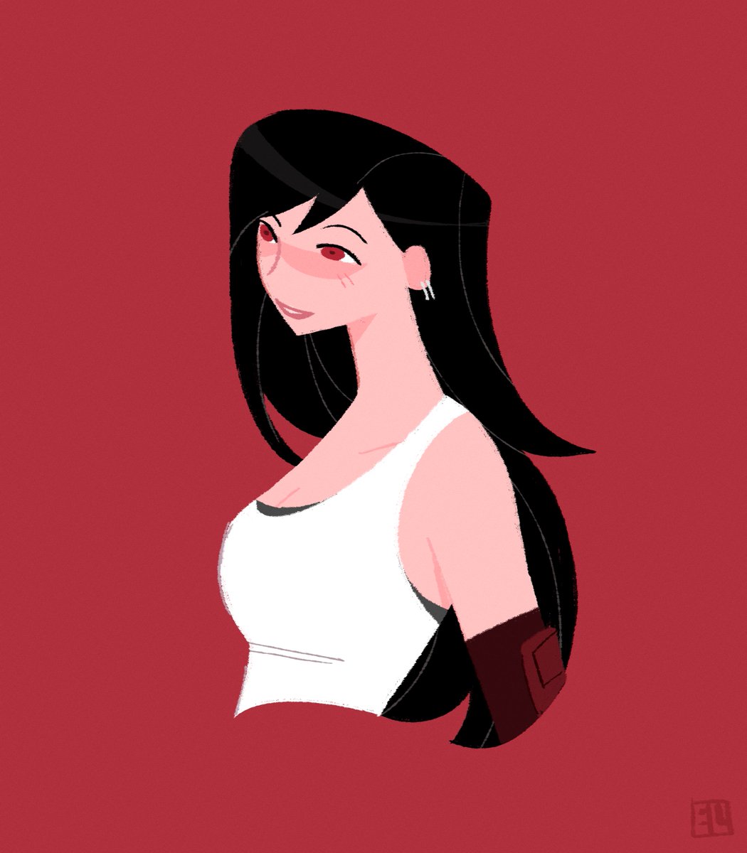 tifa lockhart 1girl solo long hair breasts smile simple background shirt  illustration images