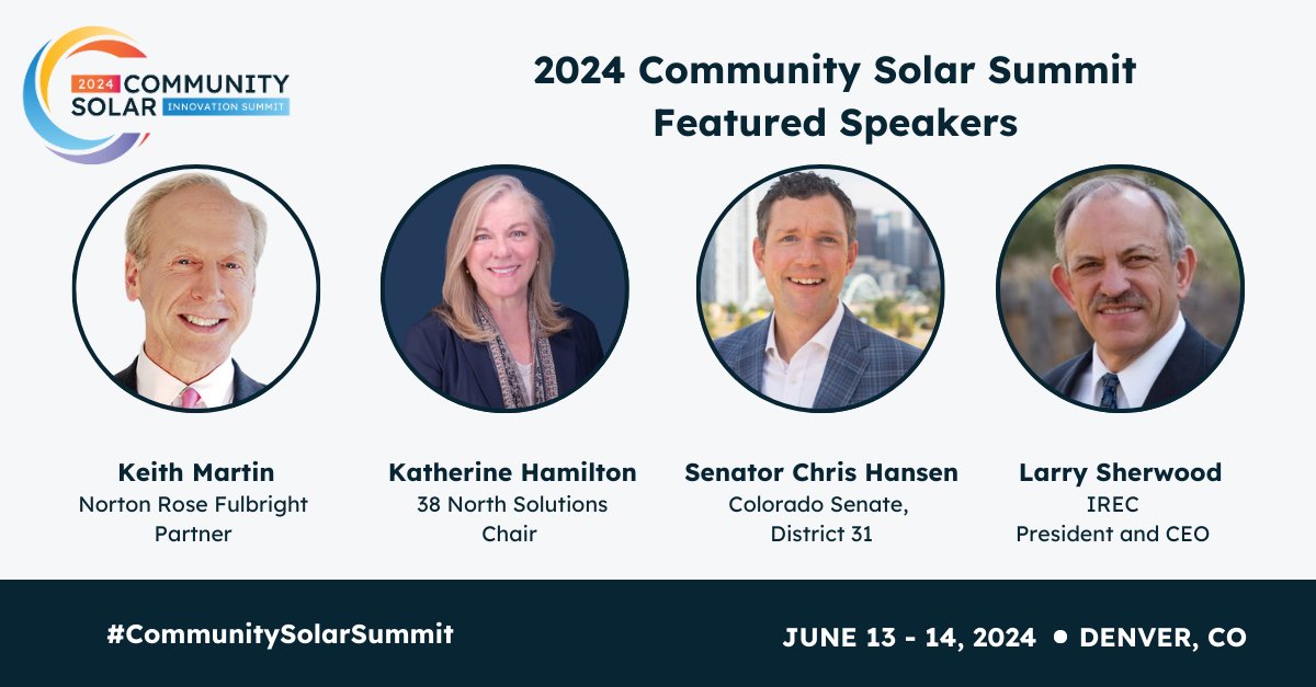 Time is running out to register for the 2024 #CommunitySolarSummit in Denver, Colorado this June 13-14. ☀️ Hear from industry experts including @CleanGridView, @Hansen4Colorado, @LLSherwood, and Keith Martin. Learn more about the event and register below! communitysolar.events/event/annualsu…
