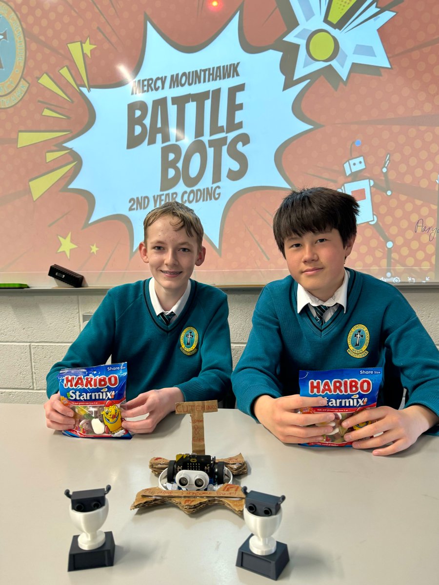 Congratulations to Team #1 (Dara, Harry & Sean) & Team Cute-Minds (Culann & Conan) who won the 2nd year Coding “Battle Bots Tournament!” They coded their own robots using microbits and designed the armour! (Spot the 3D printed robo trophies )🤺🤖🥊 @elecfreaks @microbit_edu