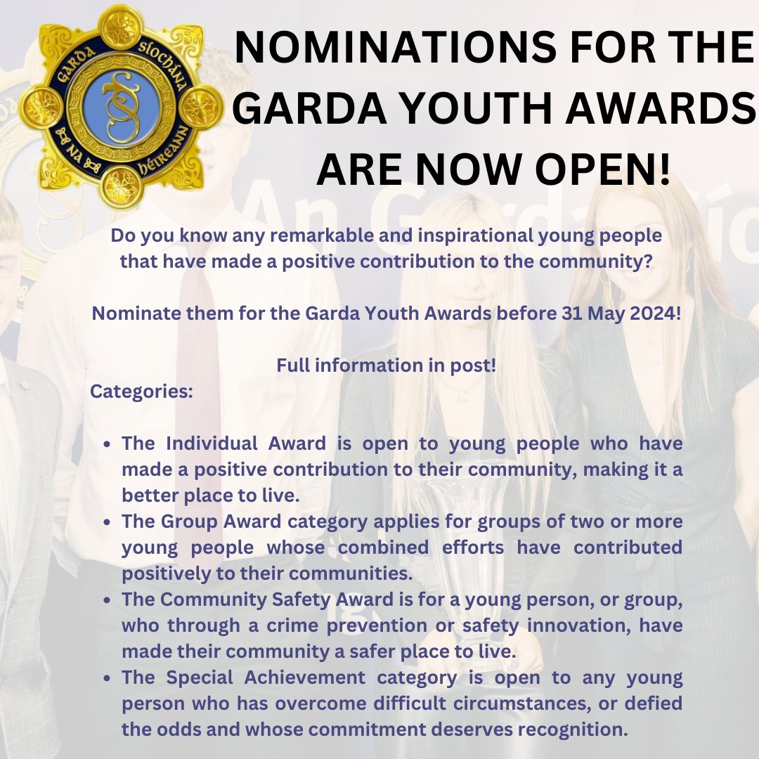 The Garda Youth Awards celebrates outstanding young people aged between 13 and 21 years of age, recognising the good work that young people are doing within their communities. The DMR West Division includes Lucan, Ronanstown, Clondalkin, Ballyfermot and Rathcoole Garda Stations.