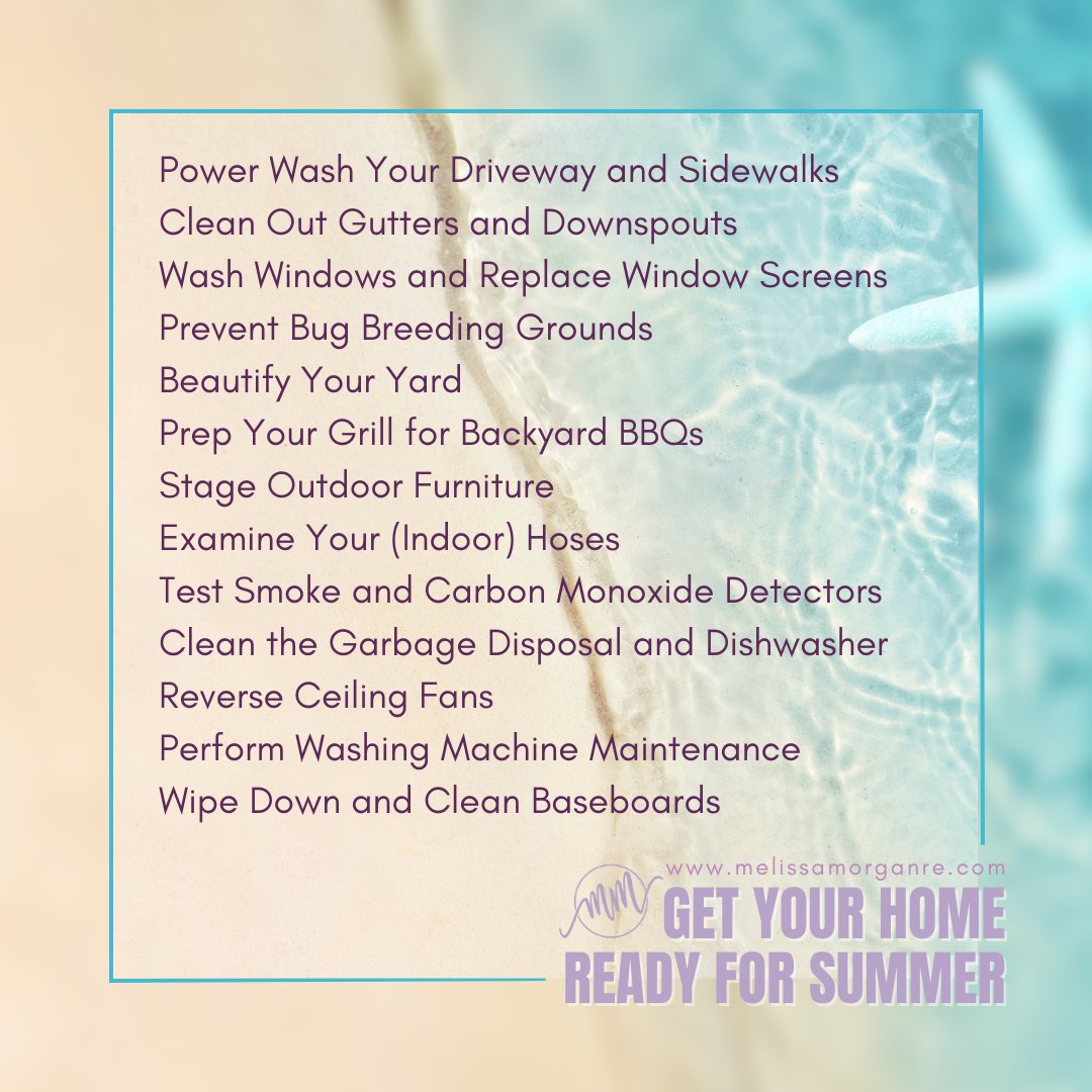 As temperatures rise, it's the perfect time for summer home maintenance! Enjoy every corner of your home, inside and out. Make the most of the sunshine! #melissamorgan #yourfavoriterealtor #marketmaven #fixandsavesolutions #SummerHomeMaintenance #HomeImprovement #DIYProjects