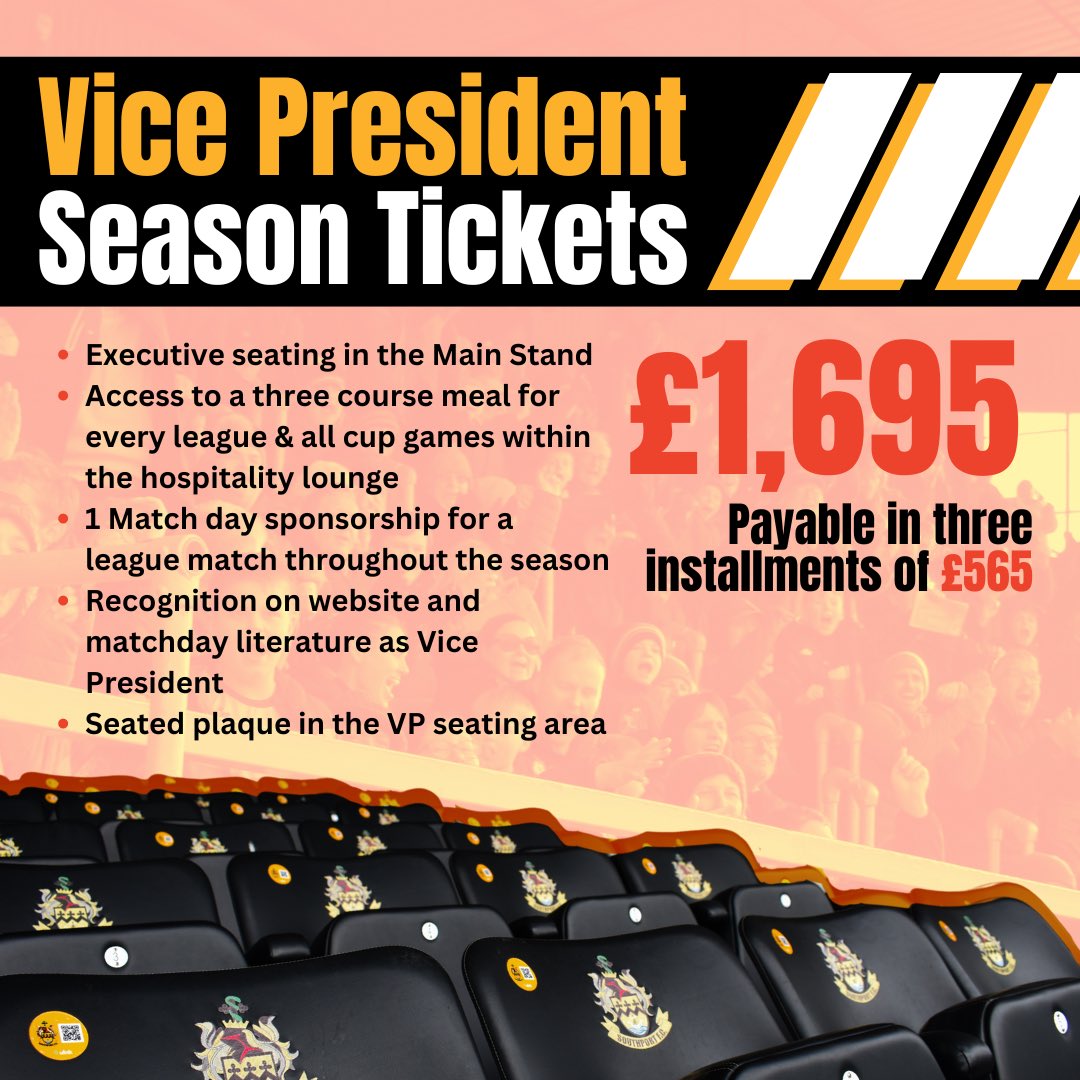 🎫The Vice President Season Tickets for 2024-25 have now been released. Contact Darren Court, Commercial Manager on 07897 191040 or email darren.court@southportfc.netfor further details.