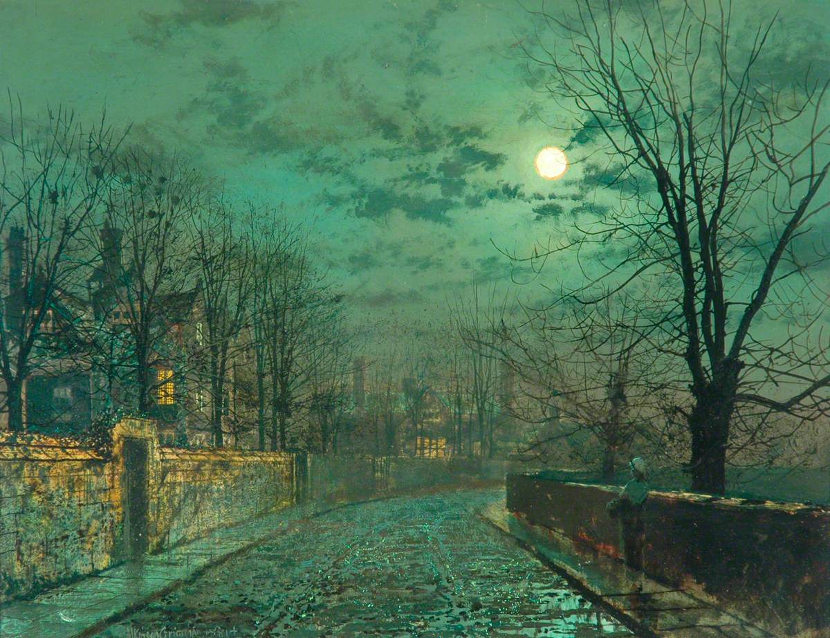 Moonlight and northern towns🌙 Read about the enduring appeal of John Atkinson Grimshaw 👉 ow.ly/3MHF50RznBO 'Moonlight Scene near Leeds' by John Atkinson Grimshaw (1836–1893) 📷 @kirkleesmuseums