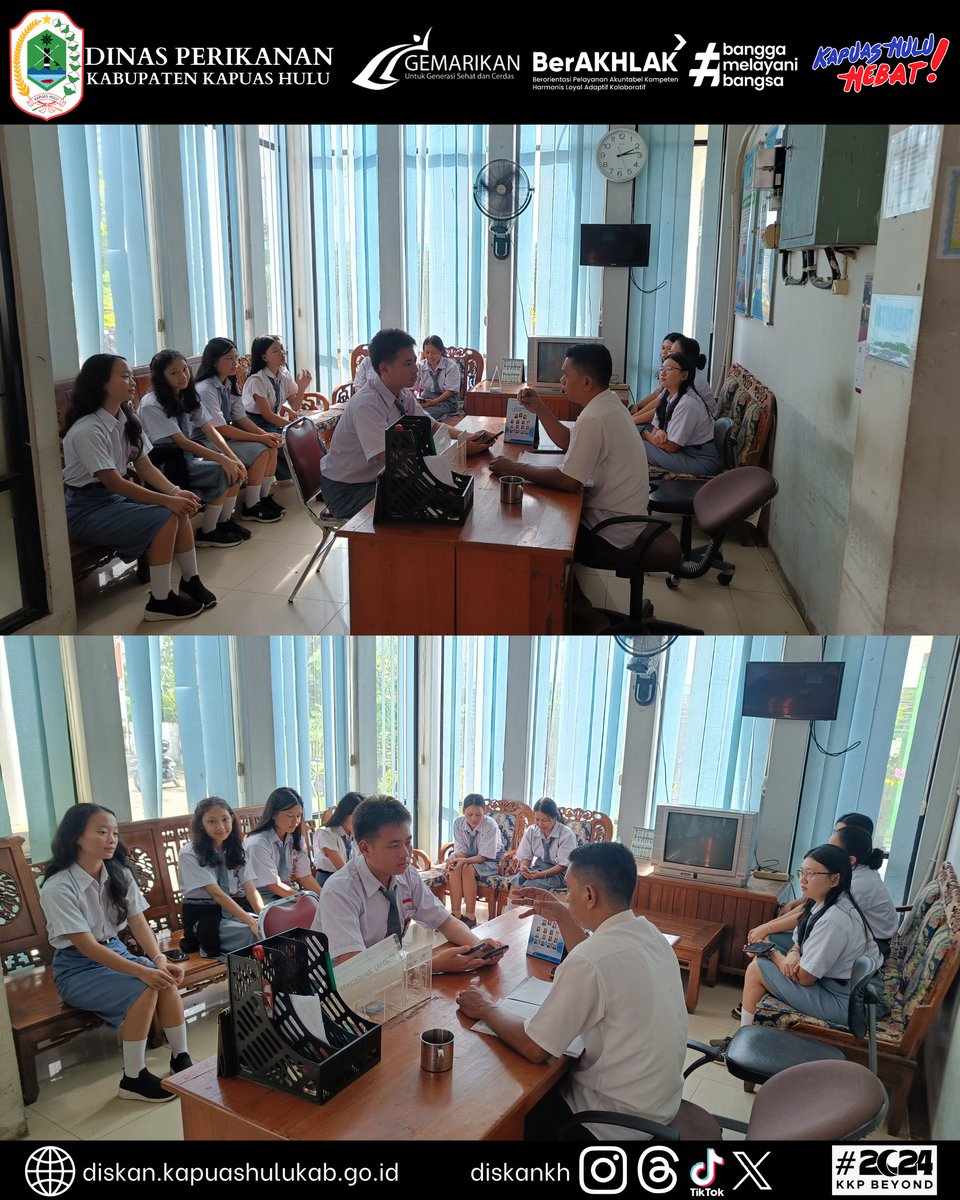 DiskanKh's tweet photo. Dinas Perikanan Kabupaten Kapuas Hulu menerima siswa/siswi dari SMA Karya Budi Putussibau yang ingin melaksanakan wawancara terkait Pembudidayaan Ikan Hias, Selasa (21/5/2024).

Analis Akuakultur Bidang Perikanan Budidaya, Muhammad Abduh, S.Pi mendampingi selama proses wawancara. https://t.co/3Y0qbLSREP
