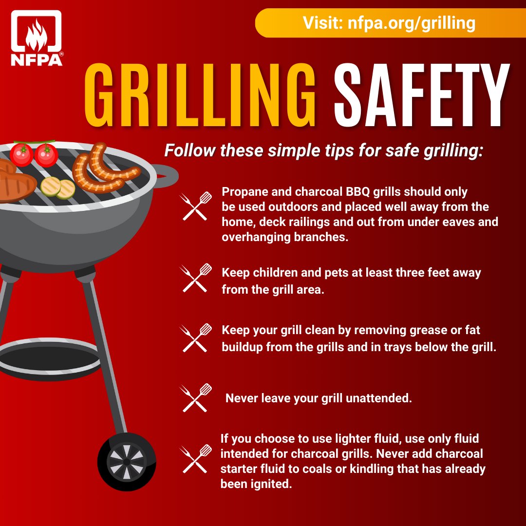 Ready to fire up the grill this season? Let's keep it fun and safe this #MemorialDay. Follow these simple tips for grilling safety from @NFPA to keep you and your loved ones safe. nfpa.org/grilling #GrillingSafety