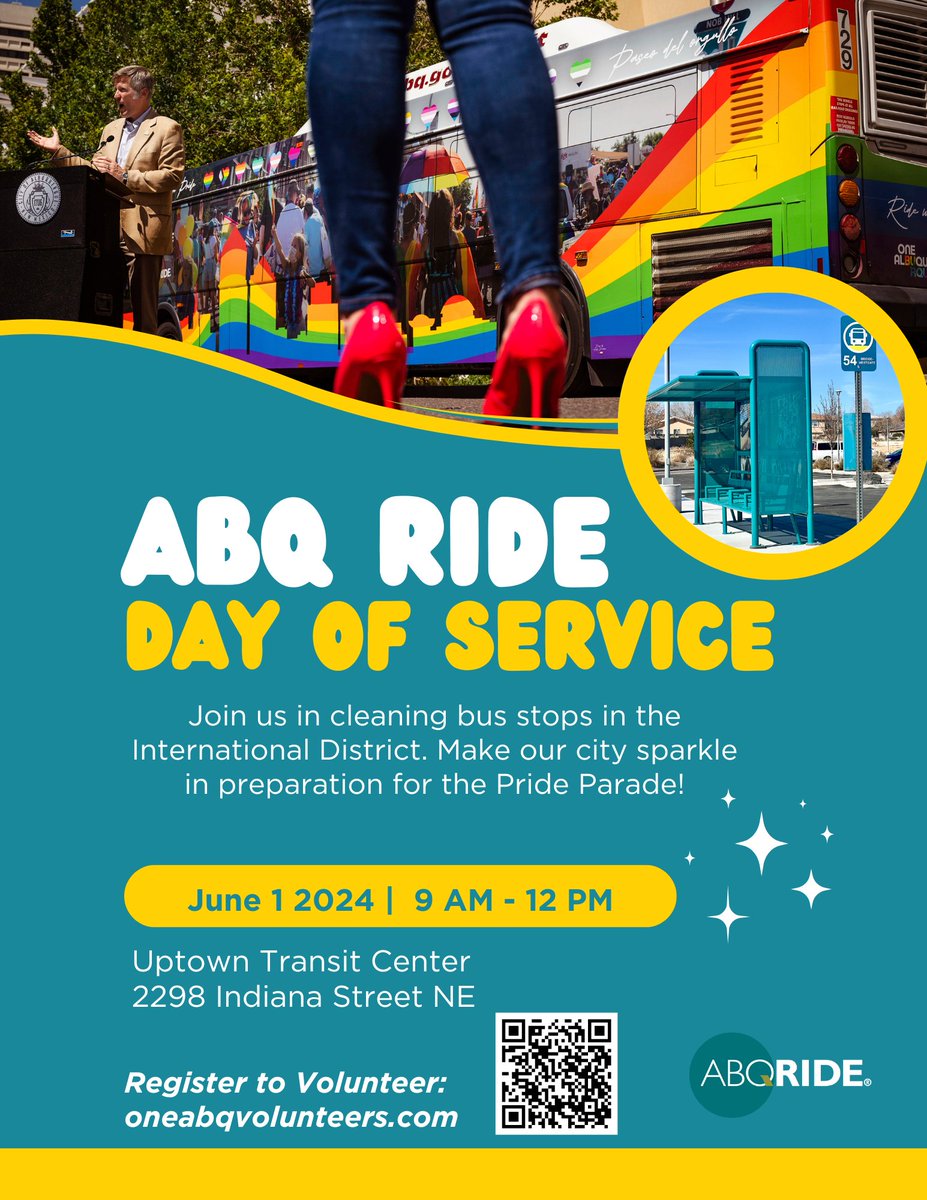 Hey Albuquerque! Join ABQ Ride in a city-wide bus stop cleaning event on June 1st! It's a great way to give back and make our community shine. Register to volunteer using the link below.
ow.ly/UVEG50RzKgZ
.
.
.
#OneAlbuquerque #KeepABQBeautiful #DayofService #ABQRide